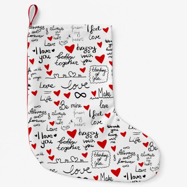 Kärlek-fraser, lukthjärtan, valentines mönster. liten julstrumpa (Framsidan)