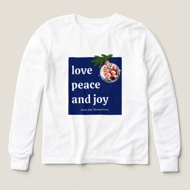 Kärlek Fred Glädje Jul Barn Foto Marinblå T Shirt (Design framsida)