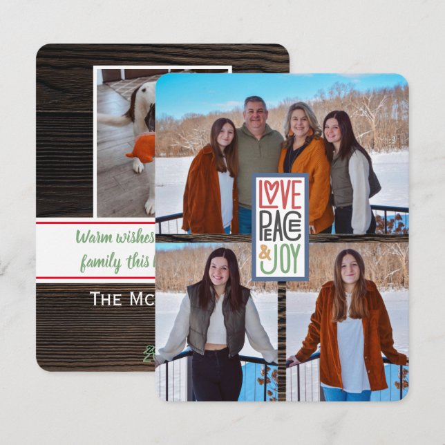 Kärlek Fred & Glädje (lägg till dina foton) Rustik Julkort (Fram/baksida)