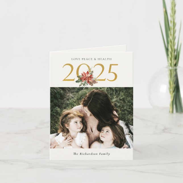 Kärlek Fred Hälsa Poinsettia Knippe Guld 2025 Foto Helgkort (Framsida)