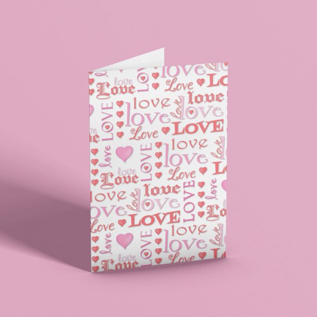 Kärlek Glad Alla hjärtans dag Whimsical Cute Scrip Helgkort (Valentine’s Day greeting card with pink love typography pattern and romantic hearts design.)