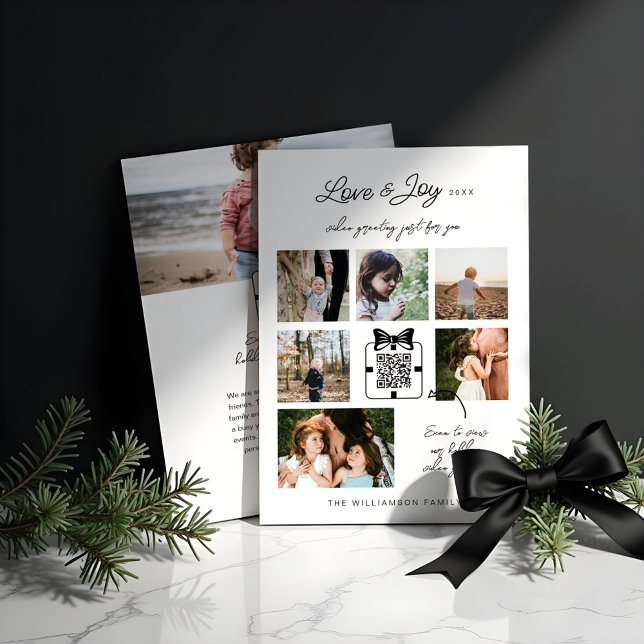 Kärlek & Glädje Modern Minimal QR-kod Videomeddela Julkort (Love & Joy Modern Minimal QR Code Video Message Holiday Card)