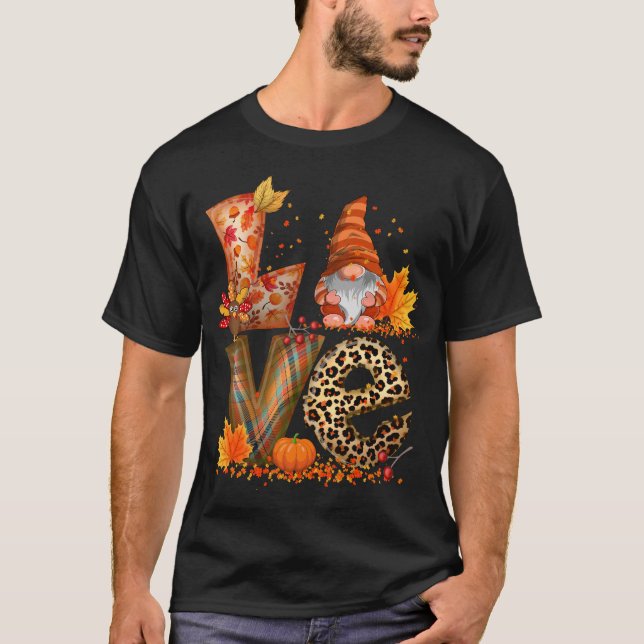 KÄRLEK Gnome Fall Pumpkin Thanksgiving T Shirt (Framsida)