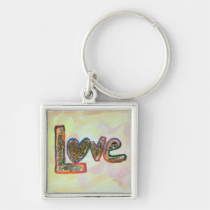 Kärlek Golden Pastels Art Ord Painting Keychain Fyrkantig Silverfärgad Nyckelring