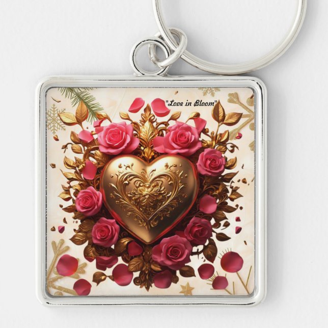 "Kärlek Golden Touch" Fyrkantig Silverfärgad Nyckelring (Framsidan)
