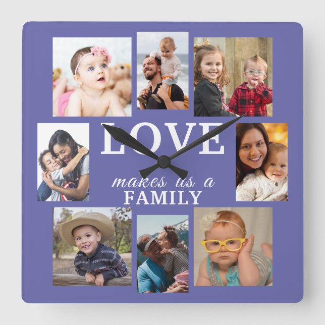 Kärlek gör oss till en familjekurs 8-foto-periwink fyrkantig klocka (Framsida)