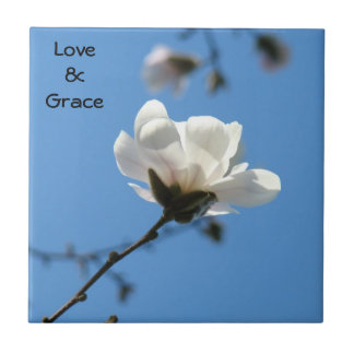 Kärlek & Grace Kakelkonst Vit Magnolia Blomma Blå Kakelplatta