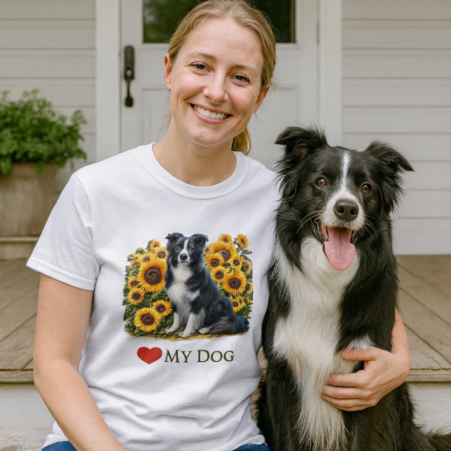 Kärlek Gräns Collie Hund T-Shirt (Mockup of woman and Border Collie wearing “❤️MY DOG” T-shirt on porch with sunflowers, mockup)