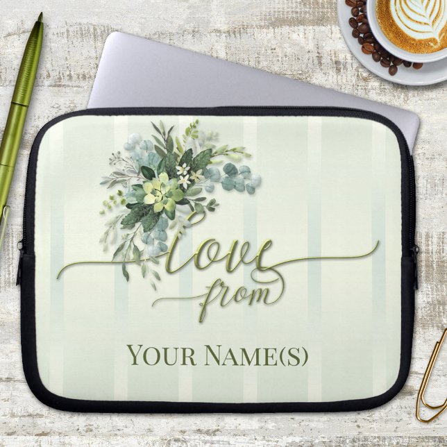 Kärlek Greenery Script Laptop sleeve (Elegant floral striped watercolor personalized laptop sleeve with  script text)