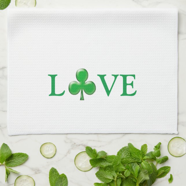 Kärlek Grönt, vit Klöver Shamrock, modern Kökshandduk (Vikta)