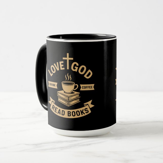 Kärlek Gud Drink Coffee Read Bokar Christian Vinta Mugg (Framsida vänster)