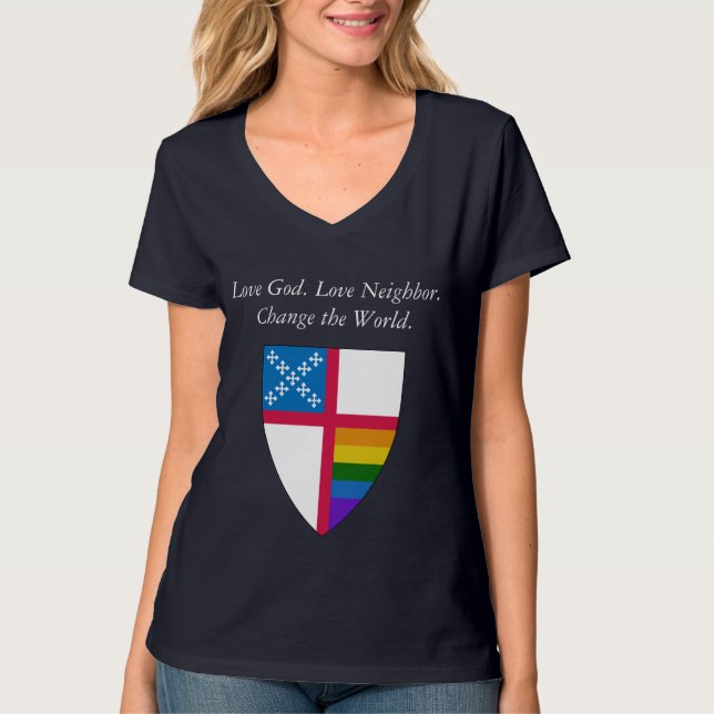 Kärlek Gud. Kärlek granne. Episcopal LGBTQ T Shirt (Framsida)