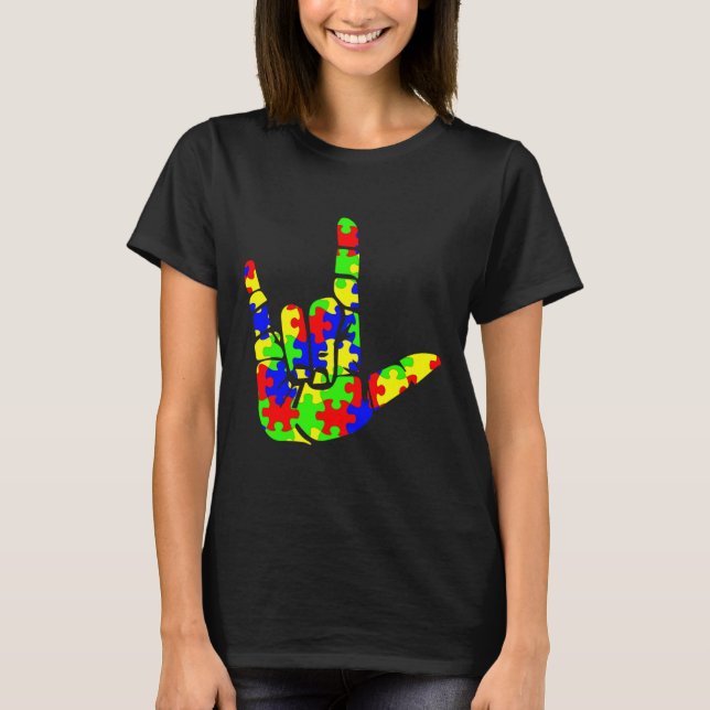 Kärlek Hand Sign Language Puzzle Autism Awareness  T Shirt (Framsida)