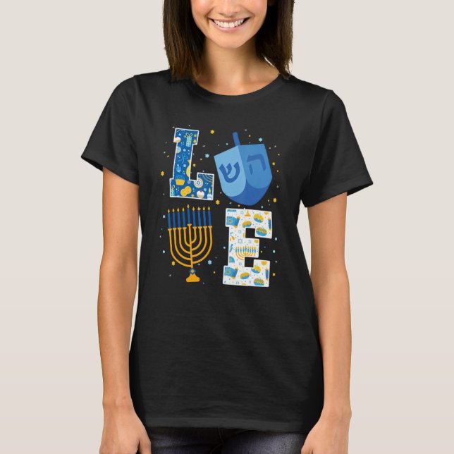 Kärlek Hanukkah Dekorations Dreidel Menorah Chanuk T Shirt (Framsida)