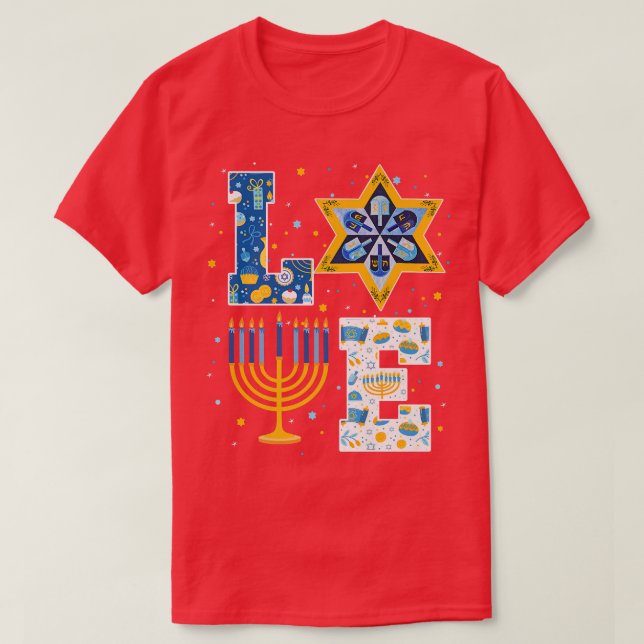 KÄRLEK Hanukkah Dekorations Dreidel Menorah Pajama T Shirt (Design framsida)