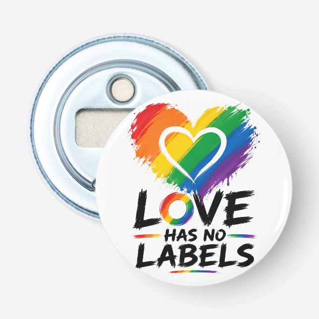 Kärlek Har Inga Etiketter – Regnbågs Hjärtat Pride Flasköppnare (Framsidan)