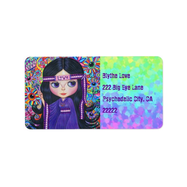 Kärlek Headband Hippie Girl Doll Lila Psychedelic Adressetikett (Framsidan)