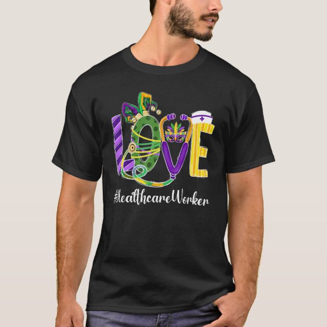 Kärlek Healthcare Worker Leopard Mardi Gras Festiv T Shirt (Framsida)