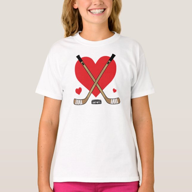 Kärlek Heart Hockey Sticks Girls T Shirt (Framsida)
