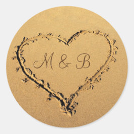 Kärlek Heart i Sand Personlig Monogram Runt Klistermärke