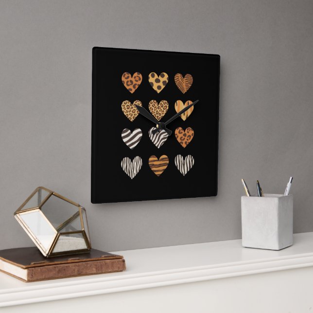 Kärlek Heart Leopard Cute Valentine Day Fyrkantig Klocka (Kontor)
