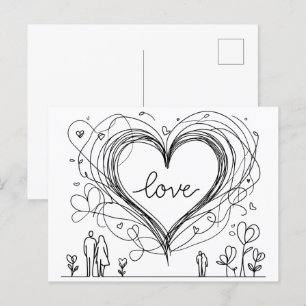 Kärlek Heart med handritad Linjer Vykort