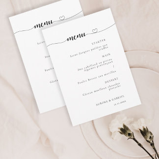 Kärlek Heart Modern Black and White Bröllop Menu Inbjudningar