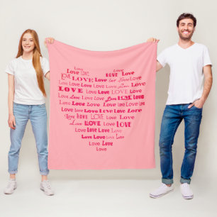 Kärlek Heart Ord Cloud - Fuchsia på Pastels Rosa Fleecefilt