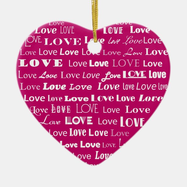 Kärlek Heart Ord Cloud - White on Fuchsia Rosa Julgransprydnad Keramik (Framsidan)