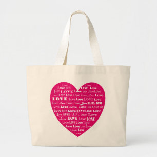 Kärlek Heart Ord Cloud - White on Fuchsia Rosa Jumbo Tygkasse