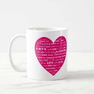 Kärlek Heart Ord Cloud - White on Fuchsia Rosa Kaffemugg