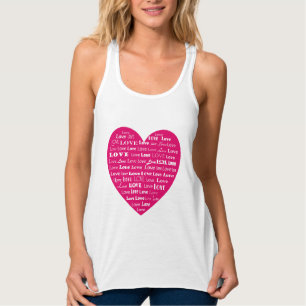 Kärlek Heart Ord Cloud - White on Fuchsia Rosa Linne Med Racerback