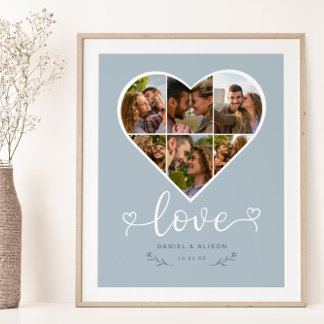 Kärlek Heart Photo Collage Grid Couple Blue Poster
