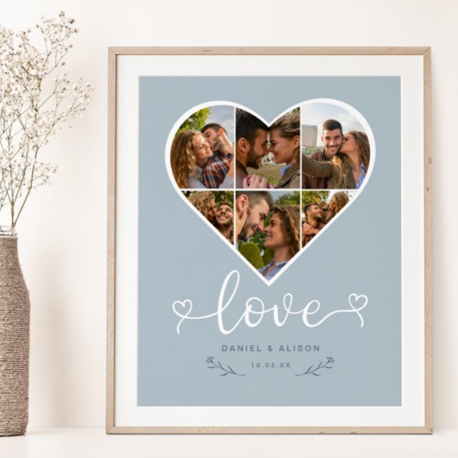 Kärlek Heart Photo Collage Grid Couple Blue Poster (Skapare uppladdad)
