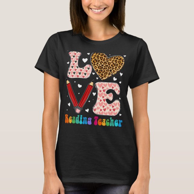 Kärlek Heart Reading Teacher Leopard Play Red Vale T Shirt (Framsida)