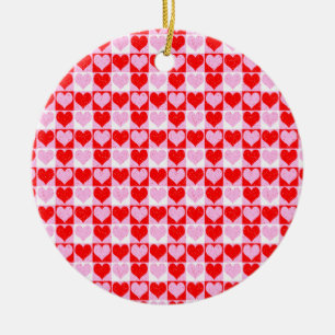 Kärlek Heart Red Rosa and White Check Mönster Julgransprydnad Keramik