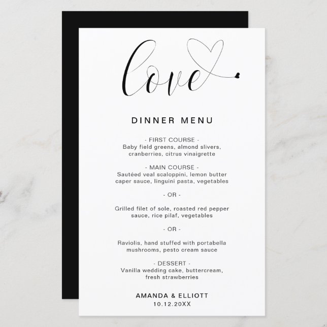 Kärlek Heart Simple Modern Bröllop Menu (Fram/baksida)