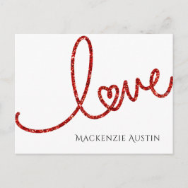 Kärlek Heart-skript | Modern Red Glitter Valentine Helg Vykort