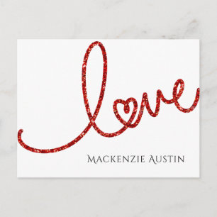 Kärlek Heart-skript Modern Red Glitter Valentine Helg Vykort