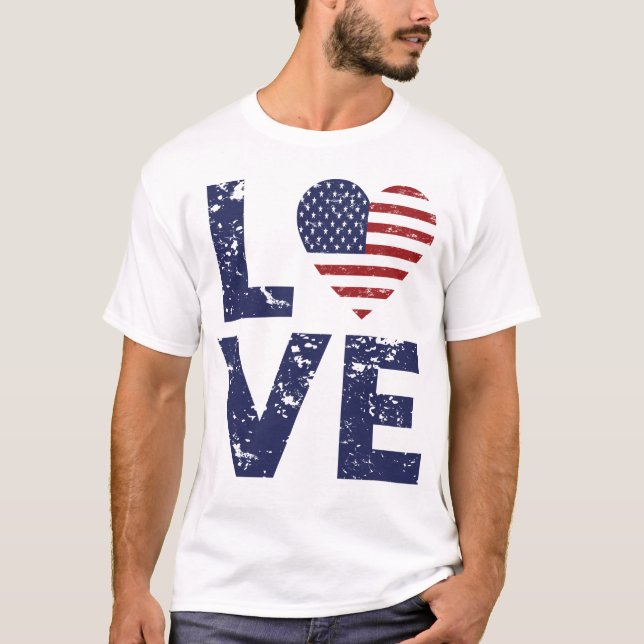 Kärlek Heart USA, 4 juli, Amerika Flagga, USA T Shirt (Framsida)