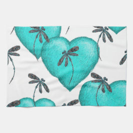 Kärlek Hearts and Dragonflies Turcouise Kökshandduk