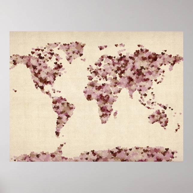 Kärlek Hearts Karta i världskartan Poster (Framsidan)