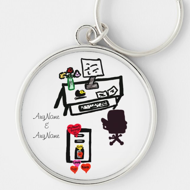Kärlek Hearts Office Desk Namn Rund Silverfärgad Nyckelring (Framsidan)