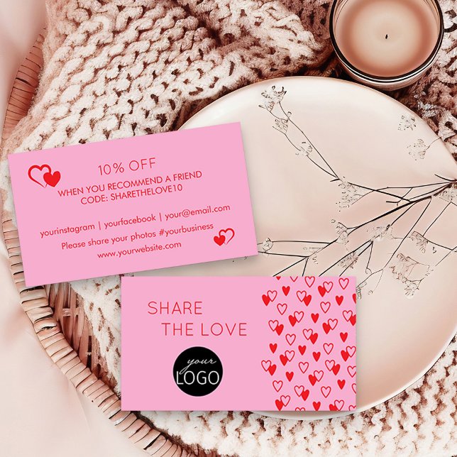  Kärlek Hearts Rosa och Röd referensLogotyp Visitkort (Share the Love Hearts Pink and Red Referral Card with your business logo by Busy Business Bee)