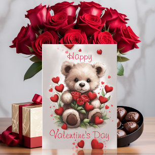 Kärlek Hjärtans Teddybjörn och Rosor Alla Hjärtans Kort