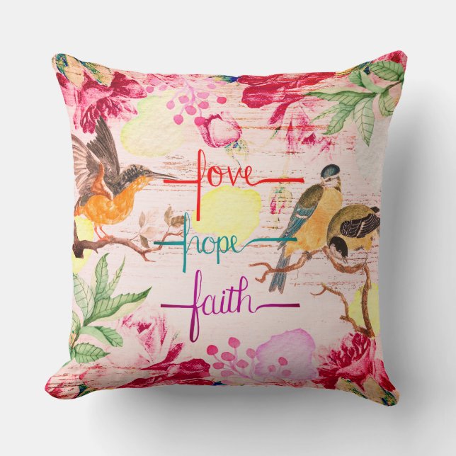 Kärlek, Hope, Faith Blommigt Pillow Kudde (Framsida)