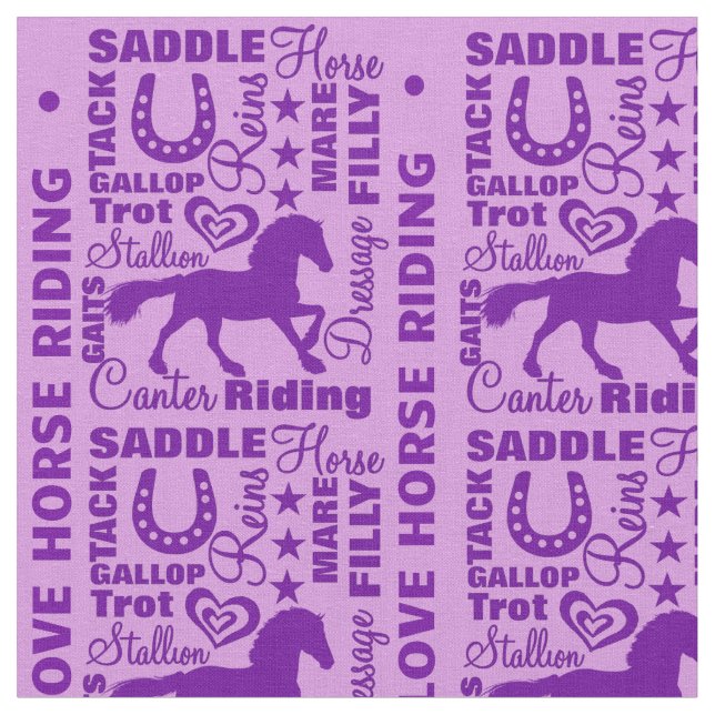 Kärlek Horse Riding Terminology Cute Lila Mönster Tyg (Närbild)