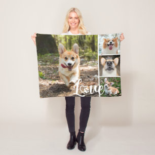 KÄRLEK Hund 4 Photo Collage Paw Print Heart Fleecefilt