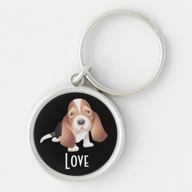 Kärlek-Hund Basset Hound Puppy Rund Silverfärgad Nyckelring (Framsidan)