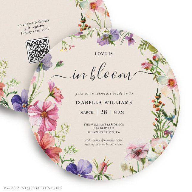 Kärlek i Blom Bröllopsdusch på våren Inbjudningar (Bridal Shower Invitation is shown in round size 5.25 inches. Other sizes and digital available.)